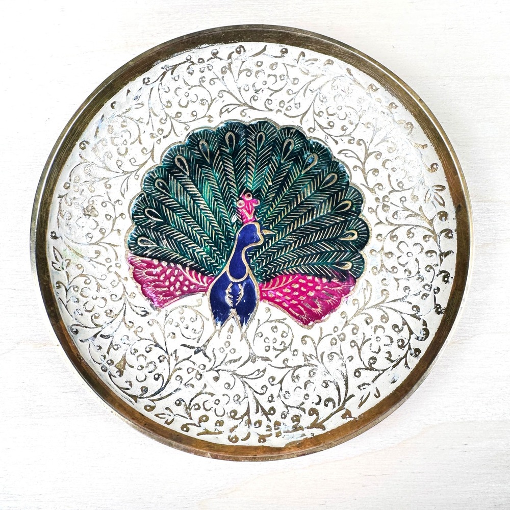 Vintage Indian Brass Peacock Enamel Trinket Dish 4" Gold Filigree Boho Decor